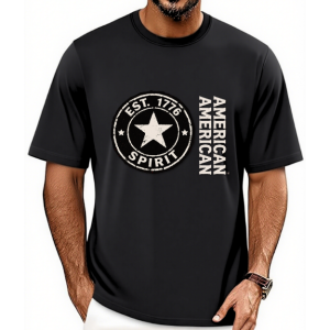 Men's American Star Round Logo Side Letter Print Casual Crew Neck Cotton Graphic Tee Shirt
