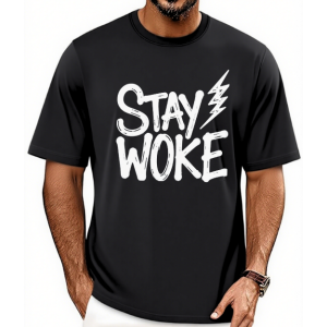 Men's Stay Woke Lightning Symbol Slogan Print Trendy Street Casual Crew Neck T-Shirt